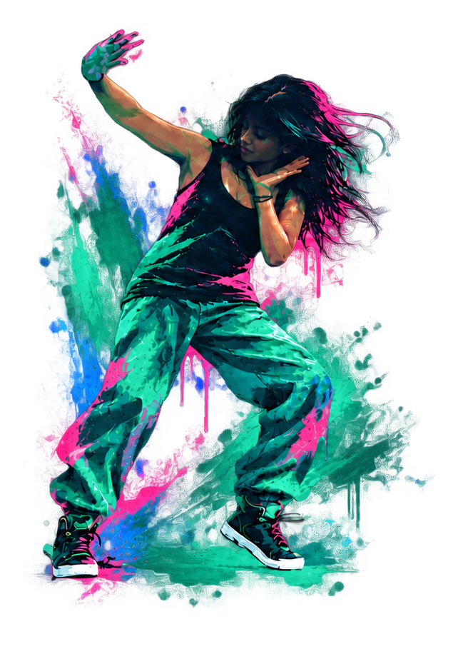 A dancer striking an expressive pose, surrounded by teal, blue and hot pink paint