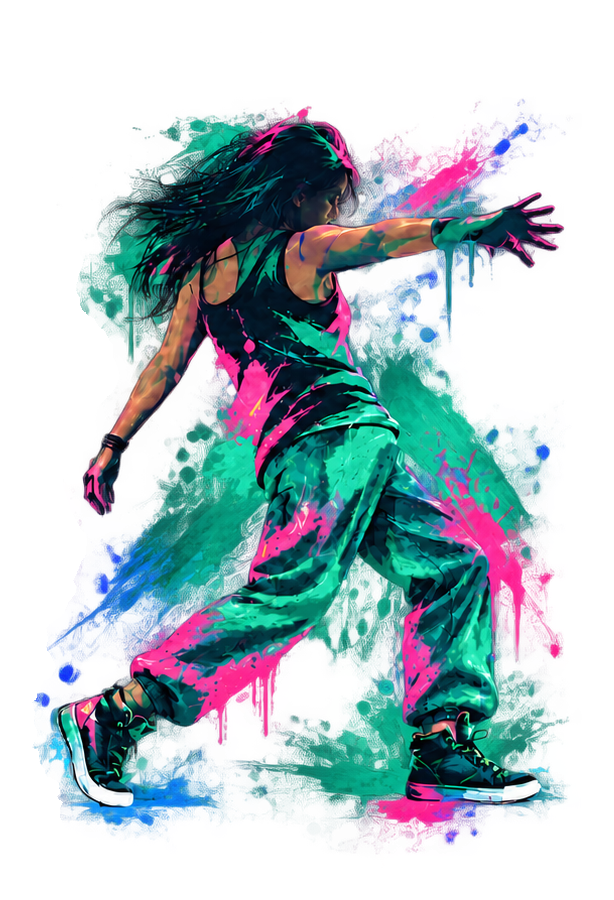 A second dance pose with outstretched arms and bright teal and pink paint